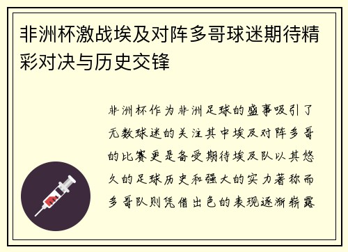 非洲杯激战埃及对阵多哥球迷期待精彩对决与历史交锋